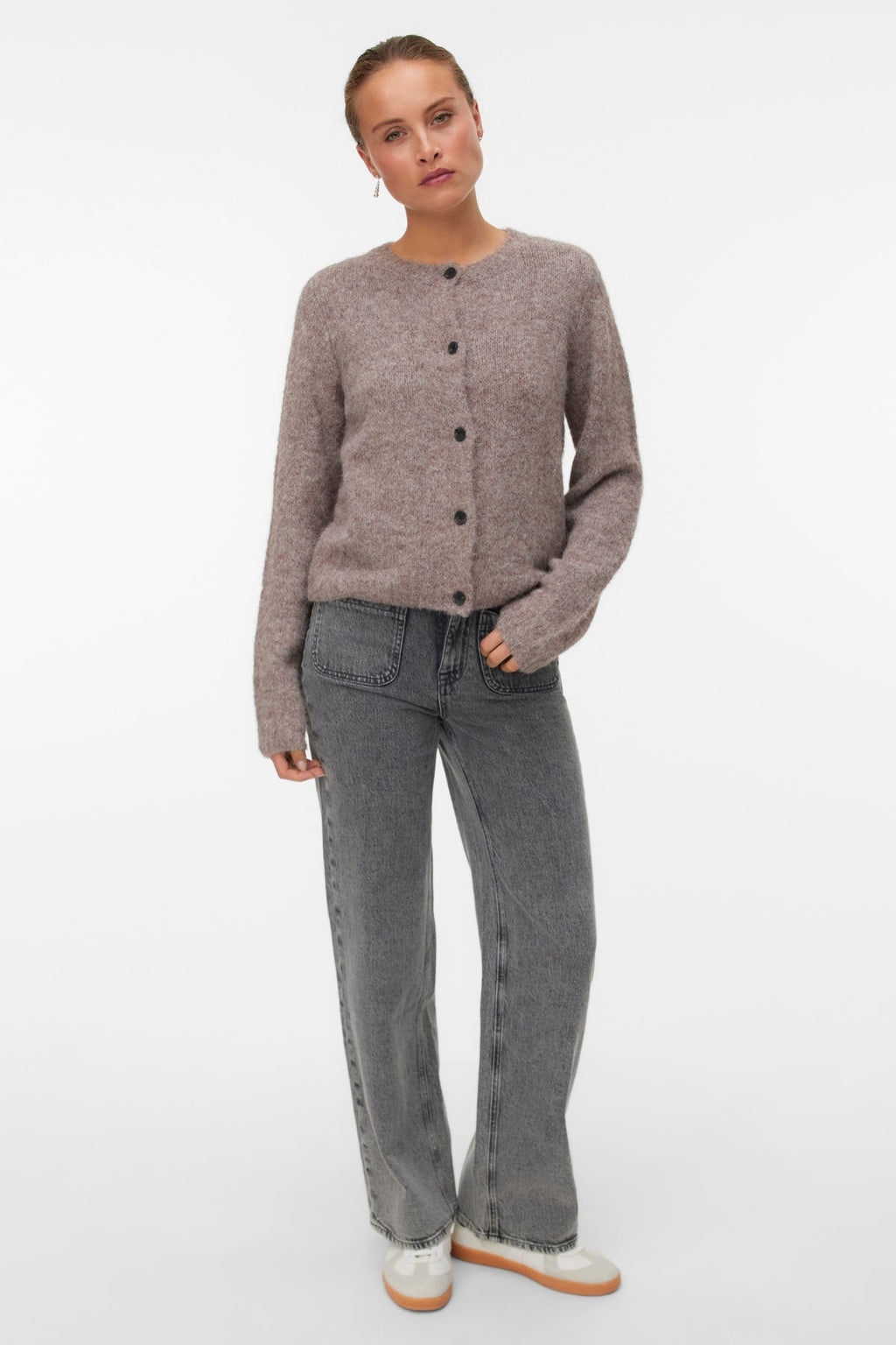 Cardi boutonné à col rond Novah - Mélange de lentilles marron