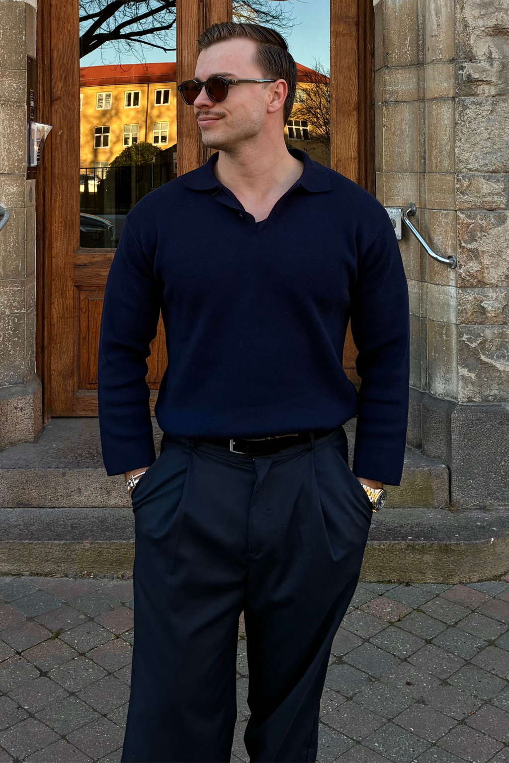 Knitted Long Sleeve Polo - Navy