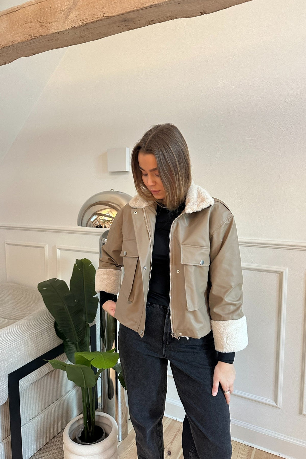 Faux Leather Shearling Jacket - Beige