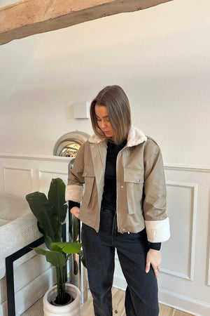Faux Leather Shearling Jacket - Beige