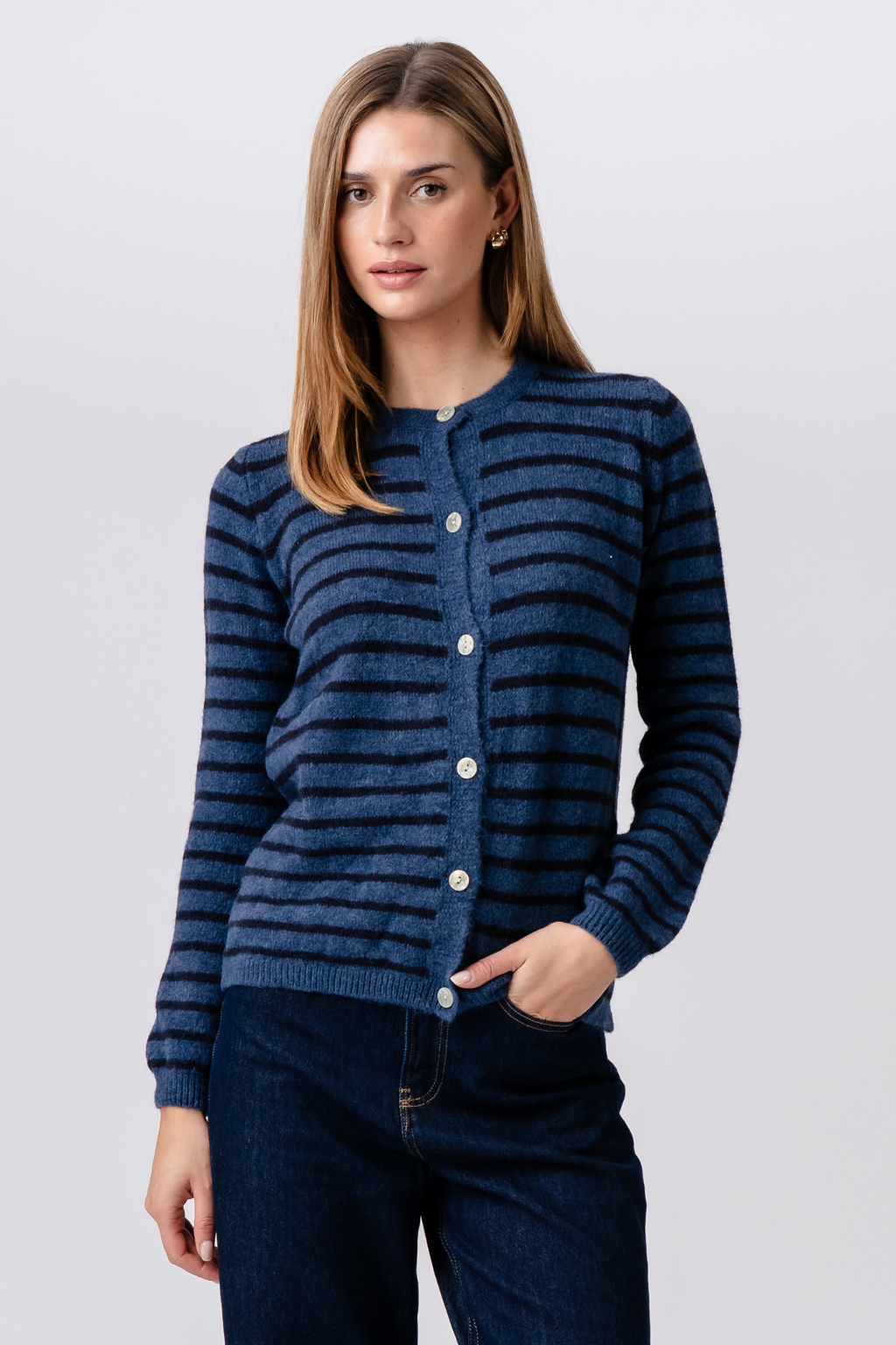 Crizette Striped Knit Cardigan - Blue/Deep Blue