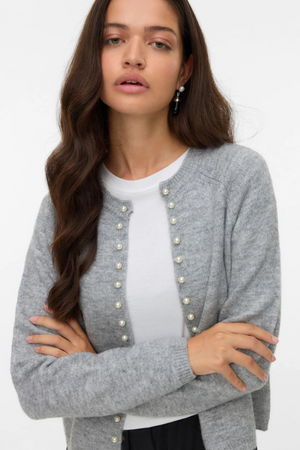 Magalene O-Neck Pearl Cardigan - Medium Grey Melange