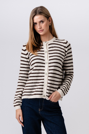 Cardigan en tricot rayé Cizette - Blanc cassé/Marron