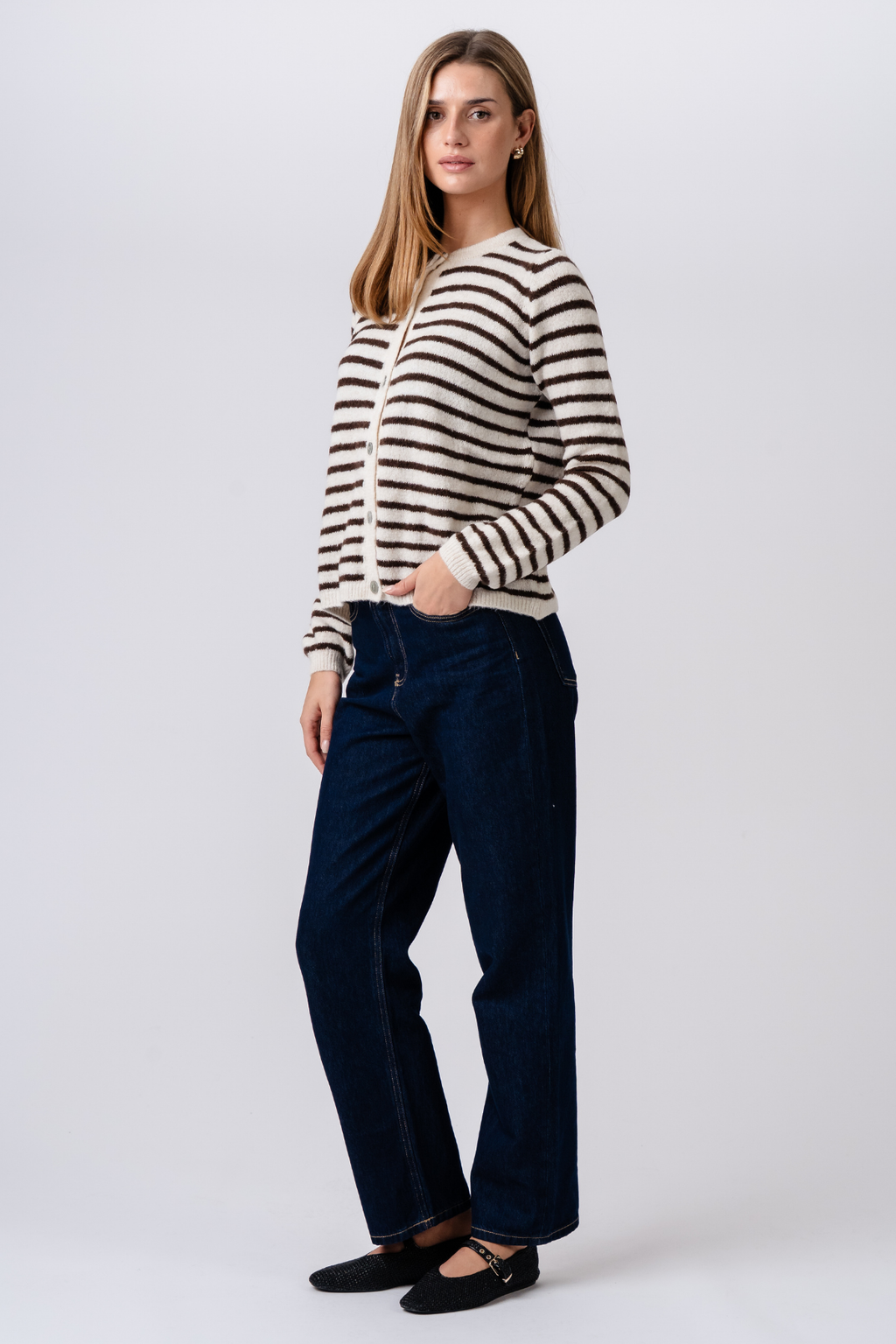 Cardigan en tricot rayé Cizette - Blanc cassé/Marron