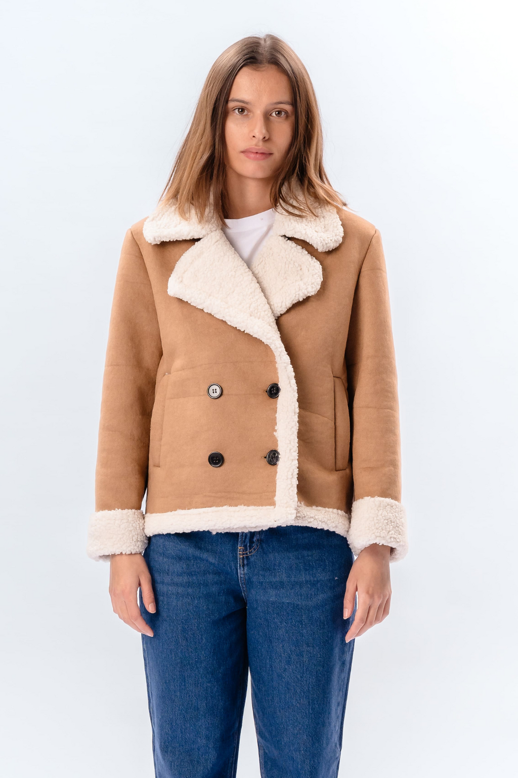 Manteau court en shearling - Beige