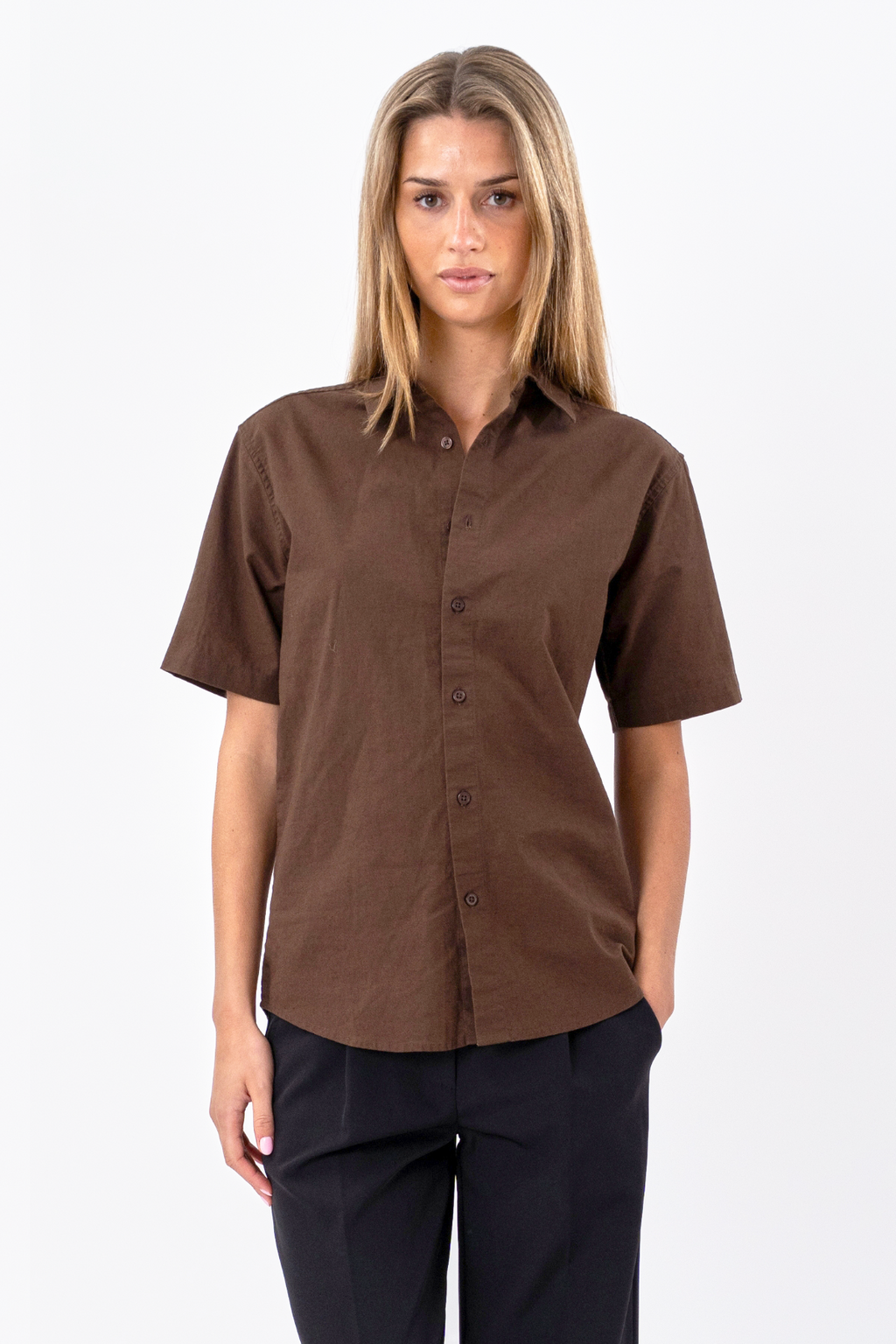 Chemise en lin à manches courtes - Marron