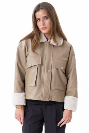 Veste de shearling en cuir en faux cuir - beige
