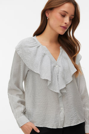 Kaja V-Neck Frill Shirt -  Snow White Amanda Black
