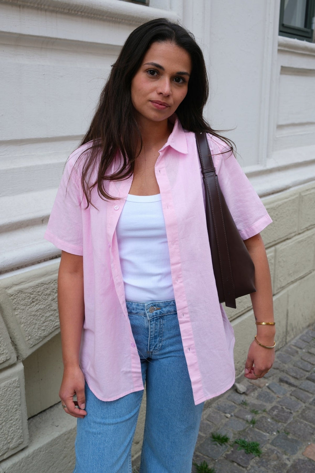 Chemise en lin à manches courtes - rouge clair