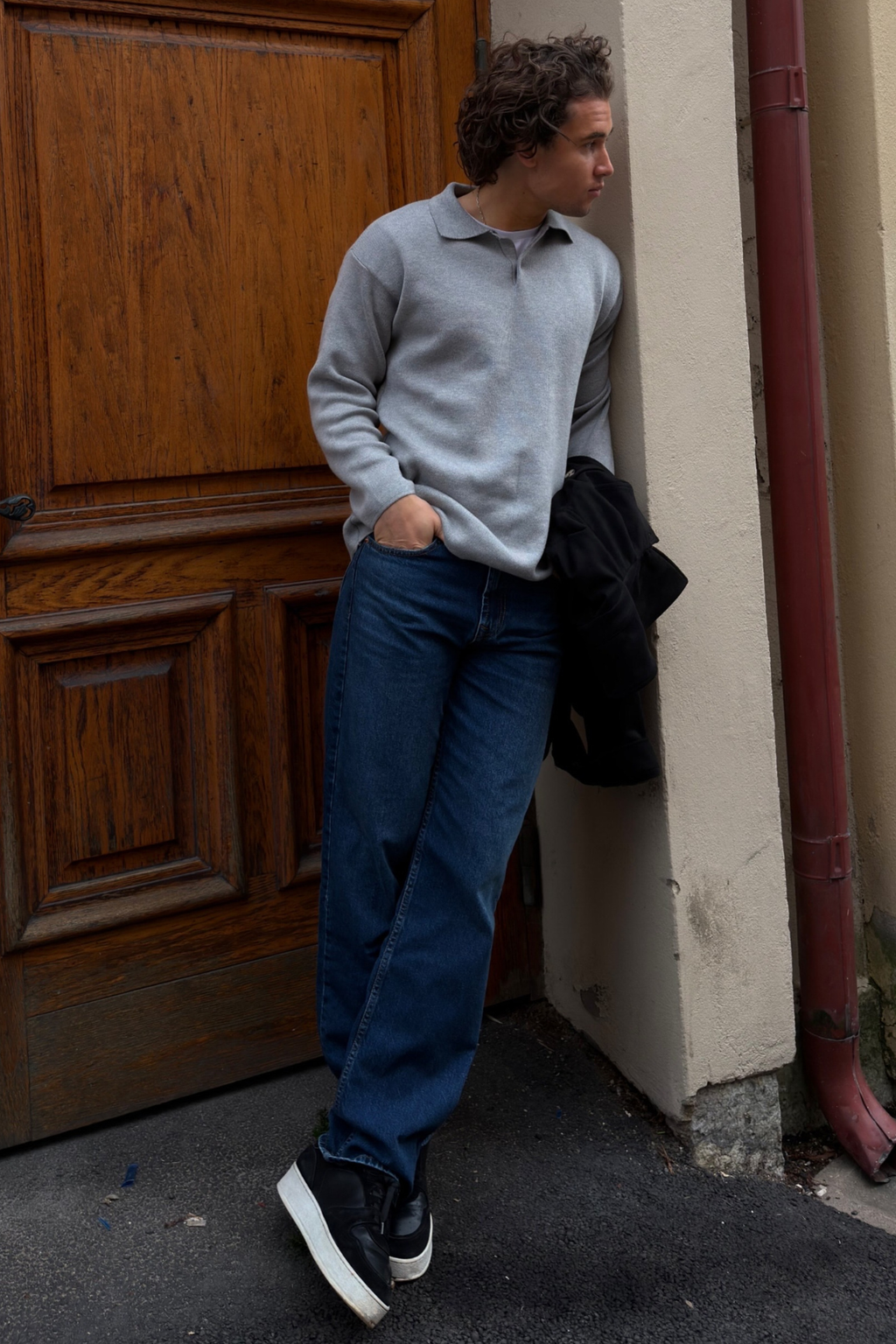 Polo à manches longues tricotées - Gray