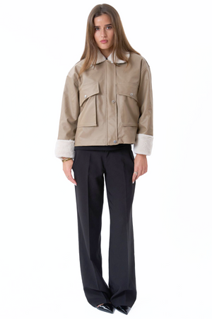 Veste de shearling en cuir en faux cuir - beige