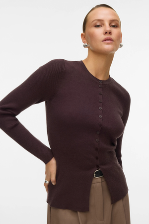 Ukino O-Neck Knit Cardigan - Chocolate Plum