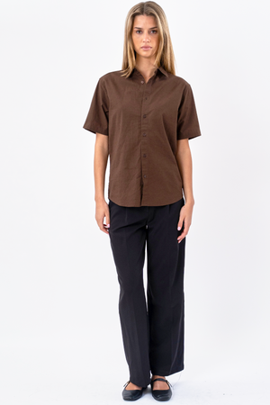 Chemise en lin à manches courtes - Marron