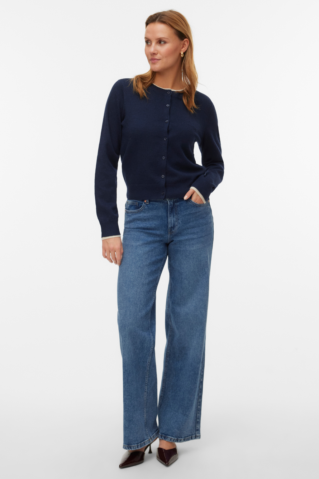 Magnifique cardigan à col rond -Blazer bleu marine w. Bouleau