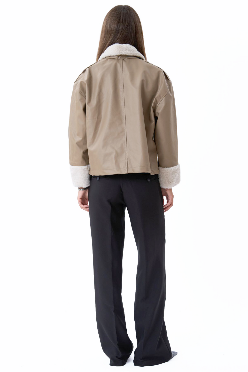 Veste de shearling en cuir en faux cuir - beige