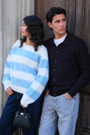 Pull tricoté à rayures Celina - Blanc / Bleu ciel