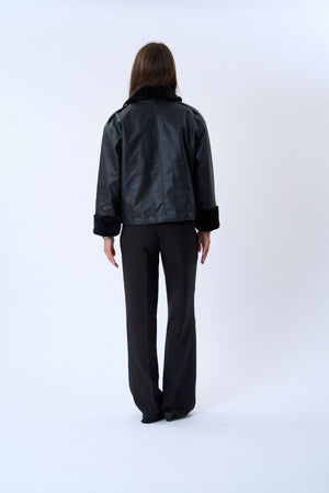 Veste de shearling en cuir en faux cuir - noir