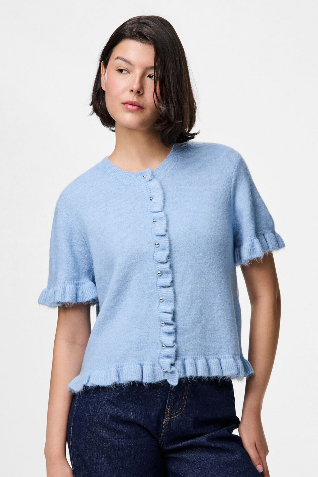 Lydia Frill Knit Cardigan - Cashmere Blue