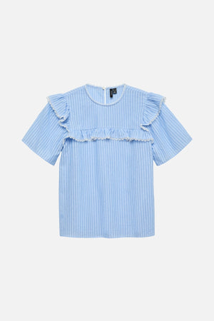 Bell Frill Stripe Top - Bleu en cachemire / blanc