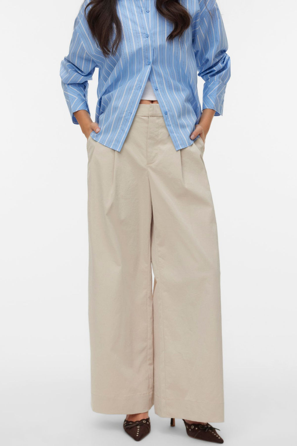 Pantalon large froissé taille moyenne Meng - Ciment