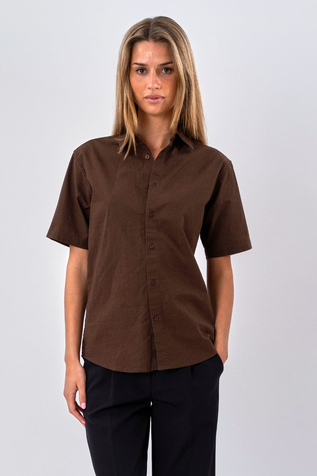 Short Sleeve Linen Shirt - Brown