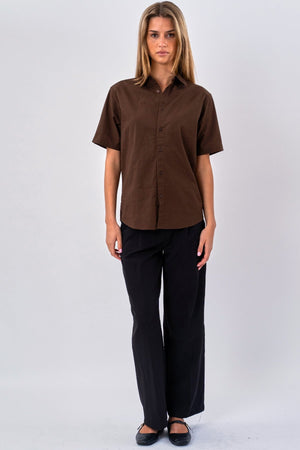 Short Sleeve Linen Shirt - Brown