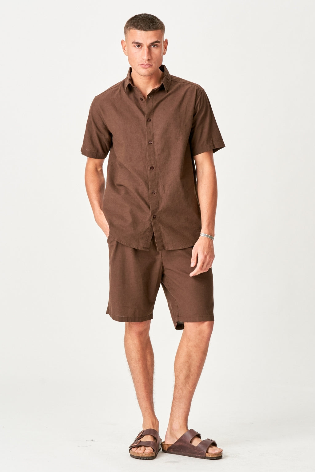 Linen Set Short-Sleeved Shirt + Linen Shorts – Coffee (Package Deal)
