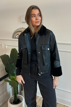 Faux Leather Shearling Jacket - Black