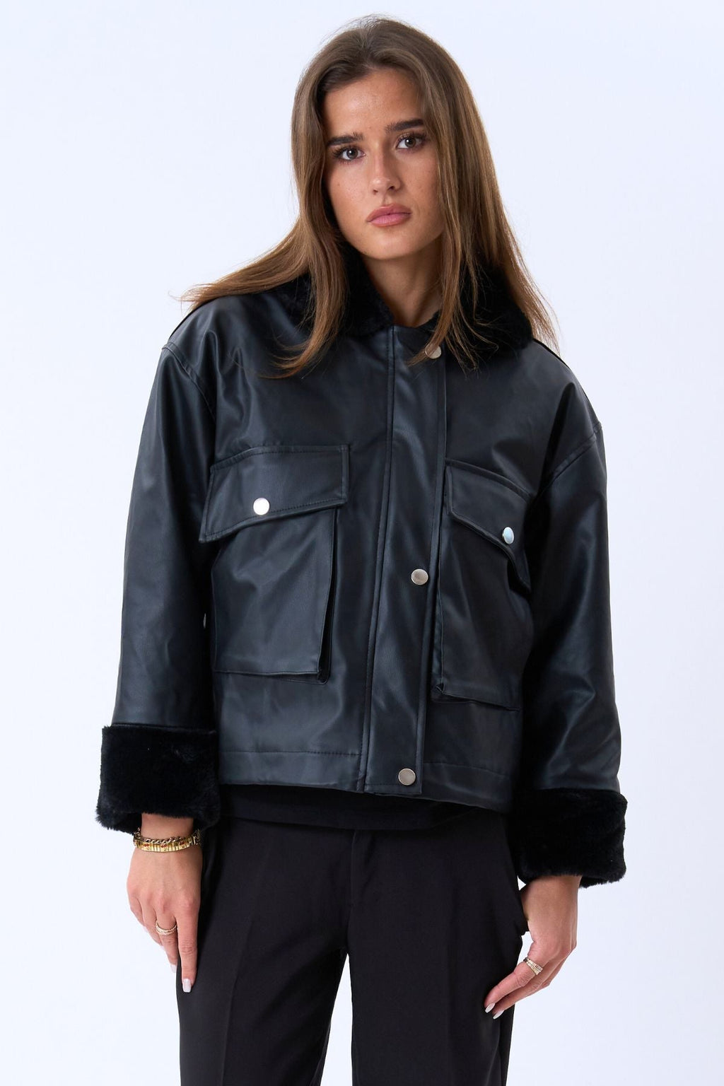 Veste de shearling en cuir en faux cuir - noir