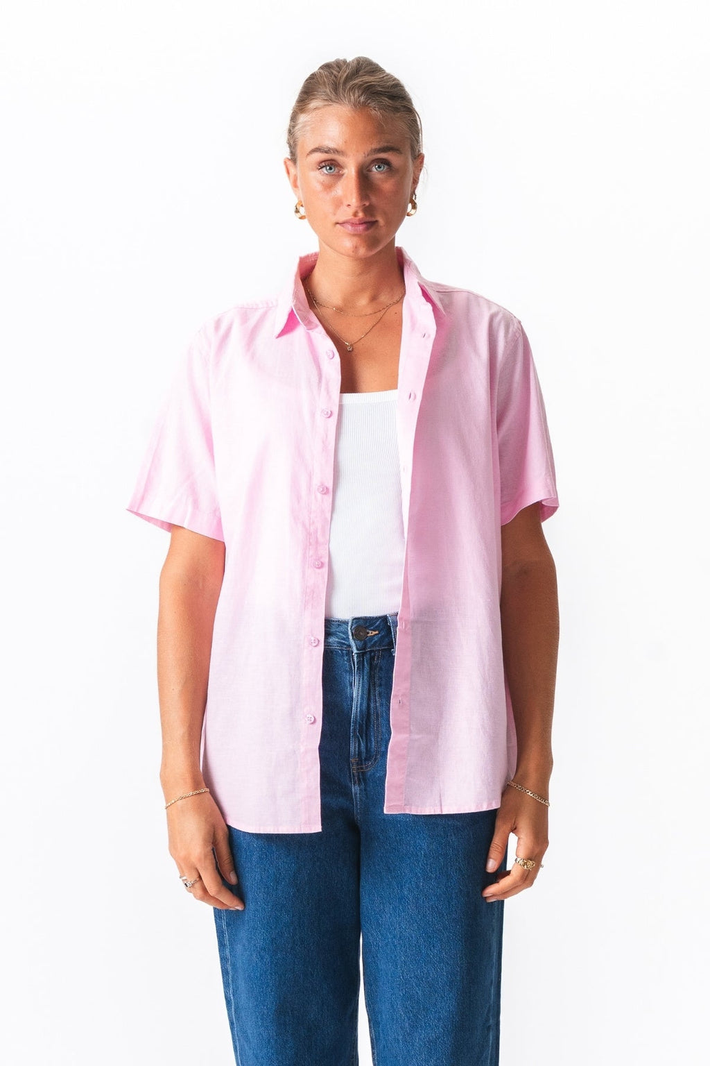 Chemise en lin à manches courtes - rouge clair