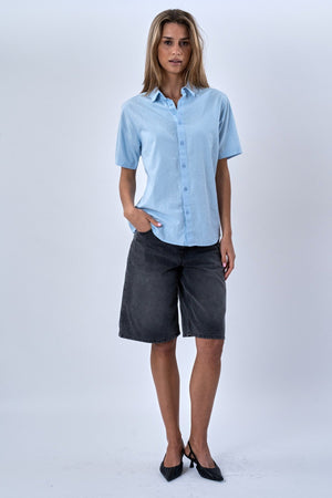 Short Sleeve Linen Shirt - Light Blue