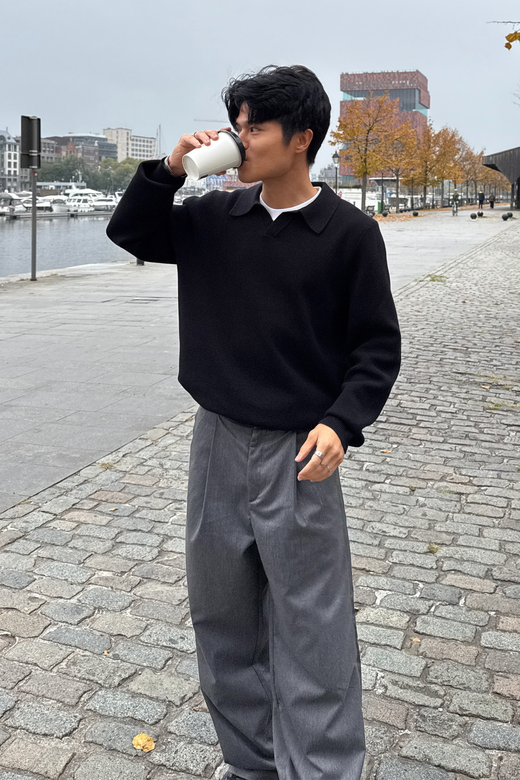 Polo à manches longues en tricot - noir