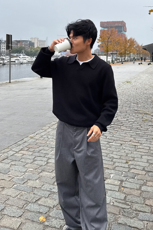 Polo à manches longues en tricot - noir