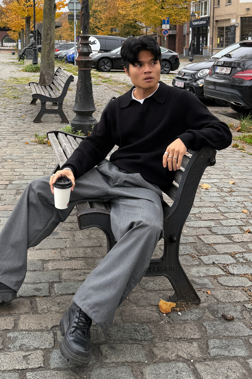 Polo à manches longues en tricot - noir