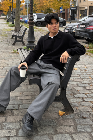 Polo à manches longues en tricot - noir