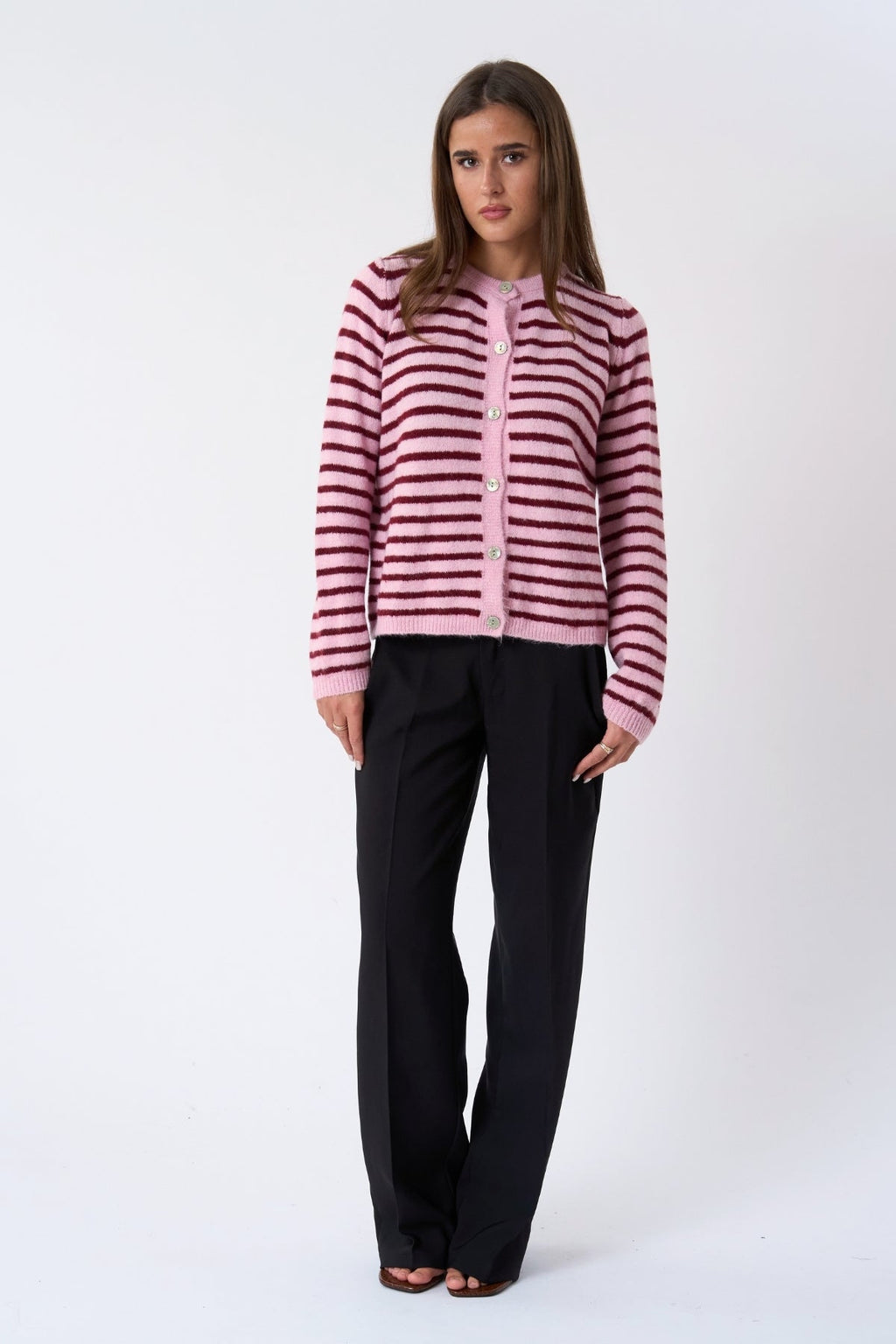 Cardigan en tricot rayé Cizette - Rose/Bourgogne