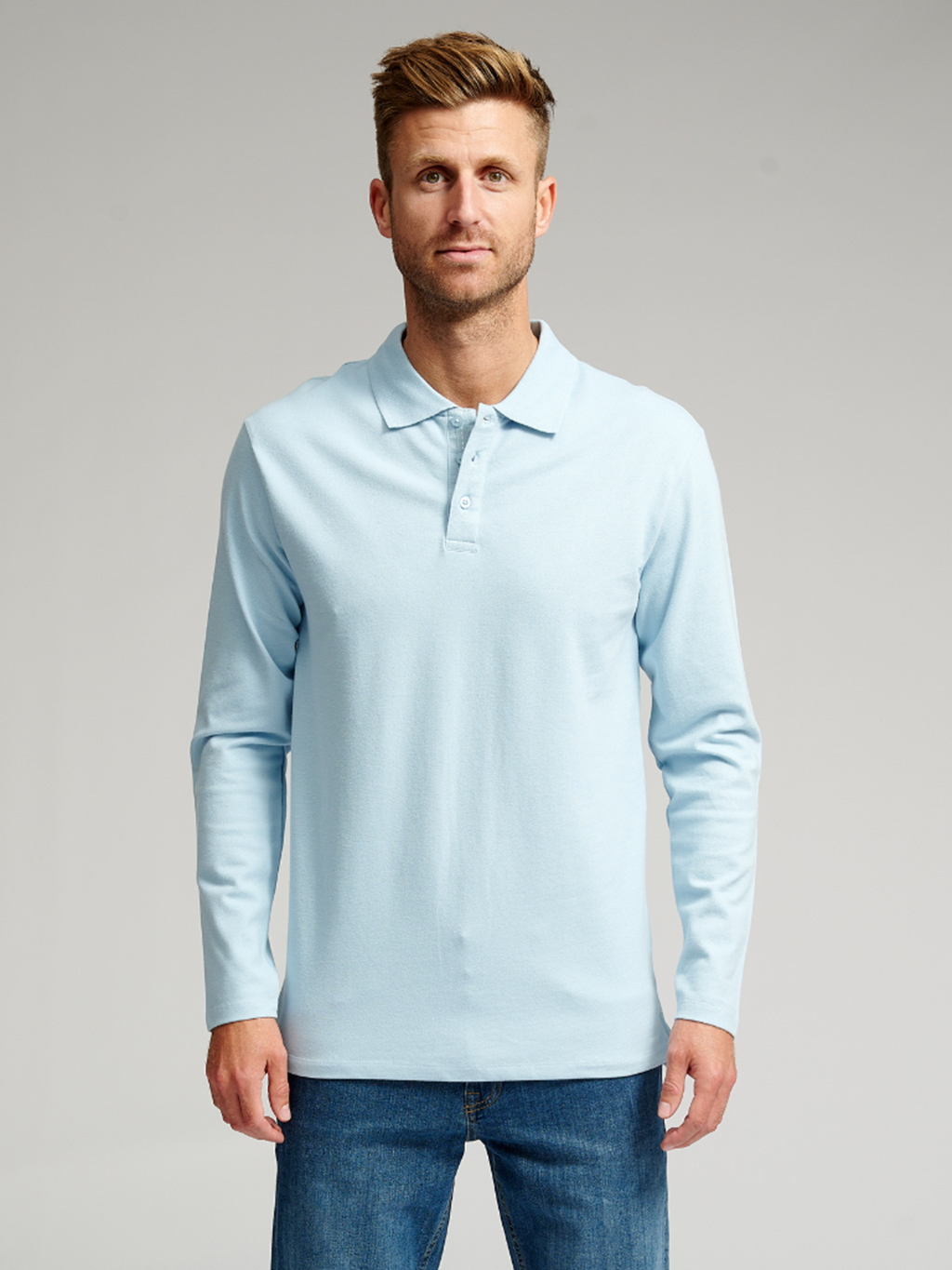 Muscle Long Sleeve Polo Shirt - Light Blue