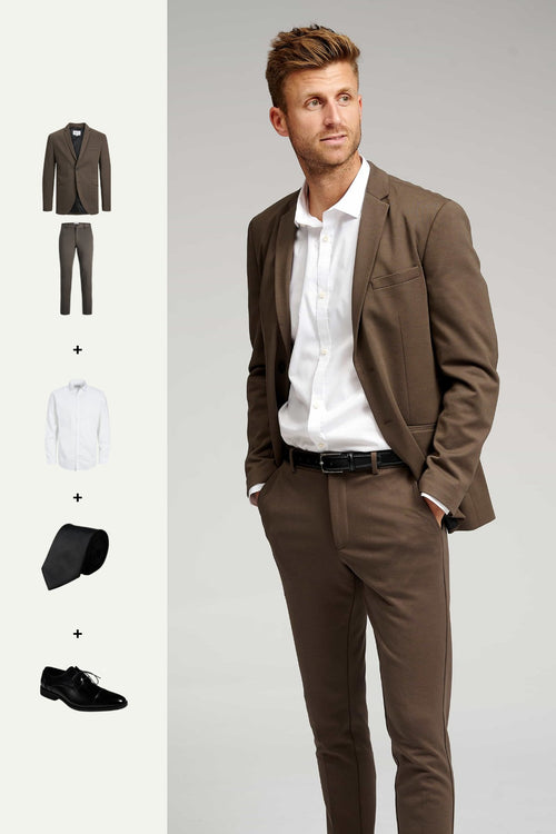 The Original Performance Suit (Dark Brown) + Shirt, Tie & Derby Shoes - Package Deal - TeeShoppen Group™