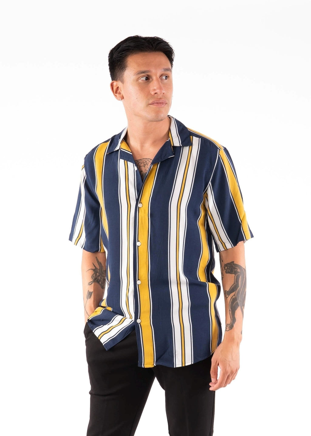 Striped short-sleeved shirt - Yellow-Navy-White